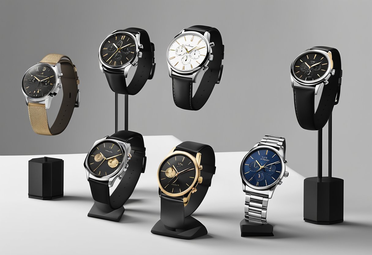 A collection of various watches displayed on a sleek, modern watch stand against a clean, neutral background. Each watch represents a different style and can be easily matched with different outfits