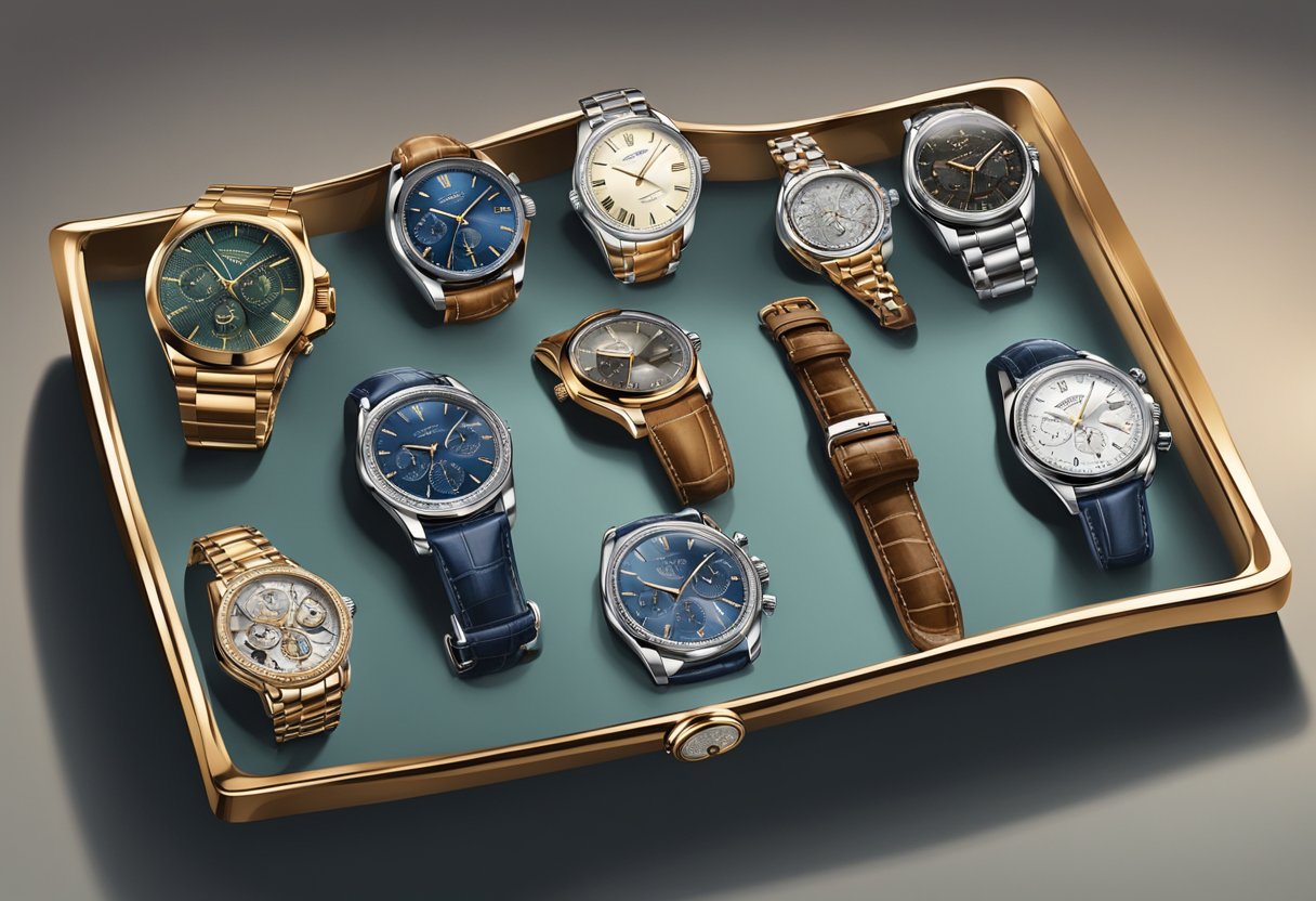 A display of various stylish watches arranged on a velvet-lined tray, catching the light to showcase their intricate designs and luxurious materials