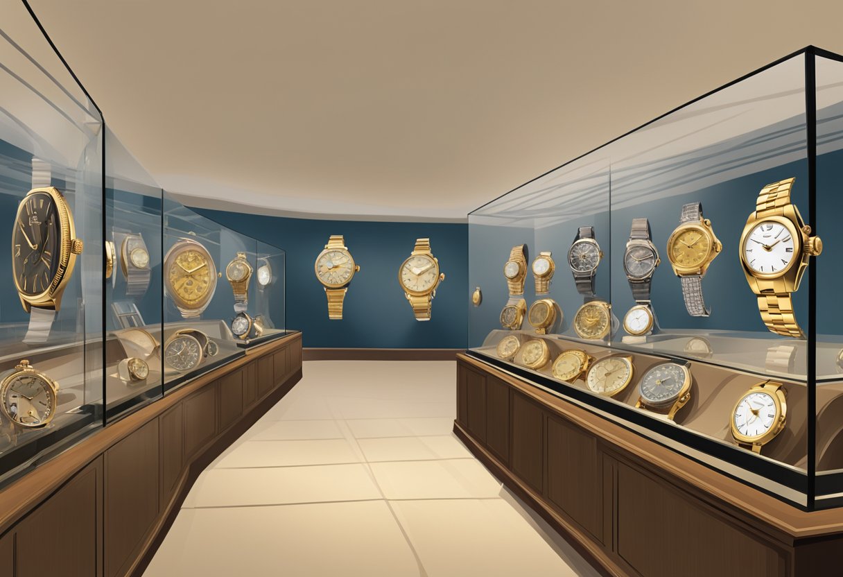 A collection of antique and modern watches displayed in a museum, showcasing the evolution and cultural significance of timepiece fashion