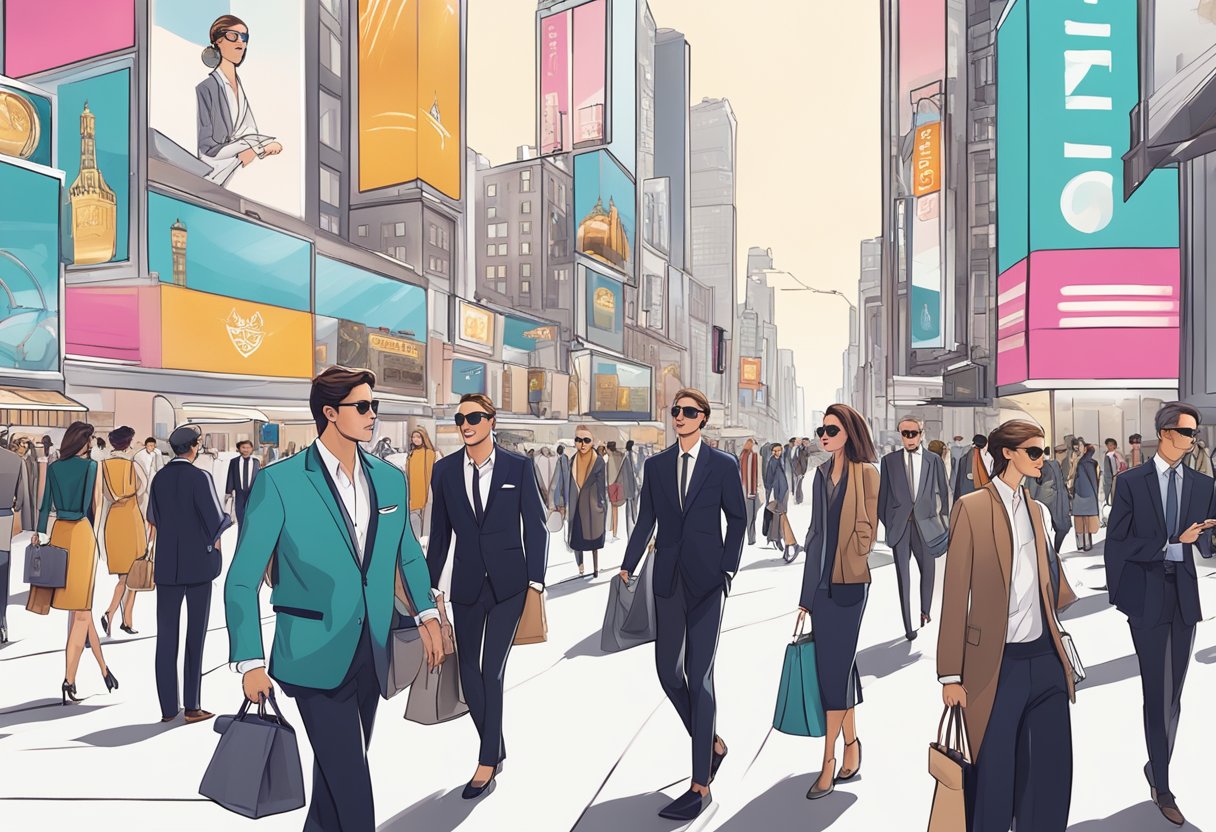 A bustling city street with billboards showcasing luxury watch brands, surrounded by well-dressed professionals and fashion-conscious individuals