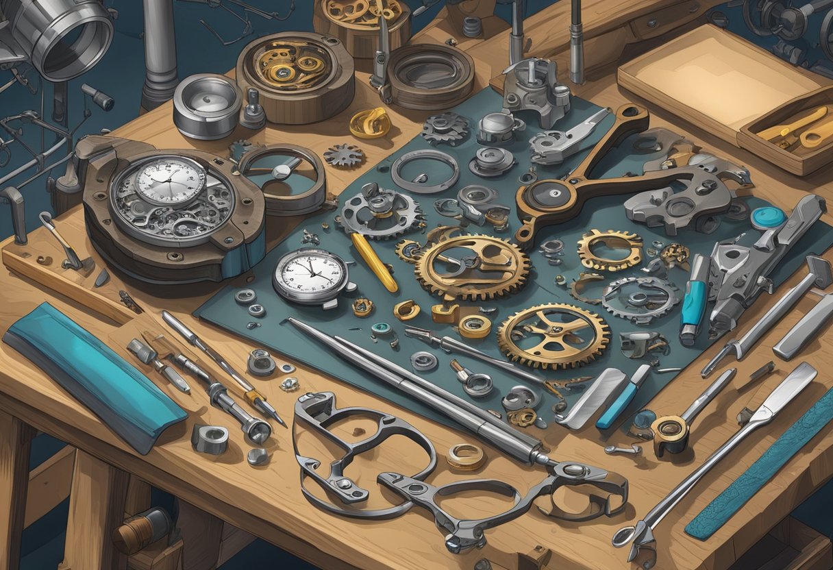 A workbench with precision tools, gears, and intricate watch parts scattered around. A magnifying glass and delicate tweezers sit ready for assembly