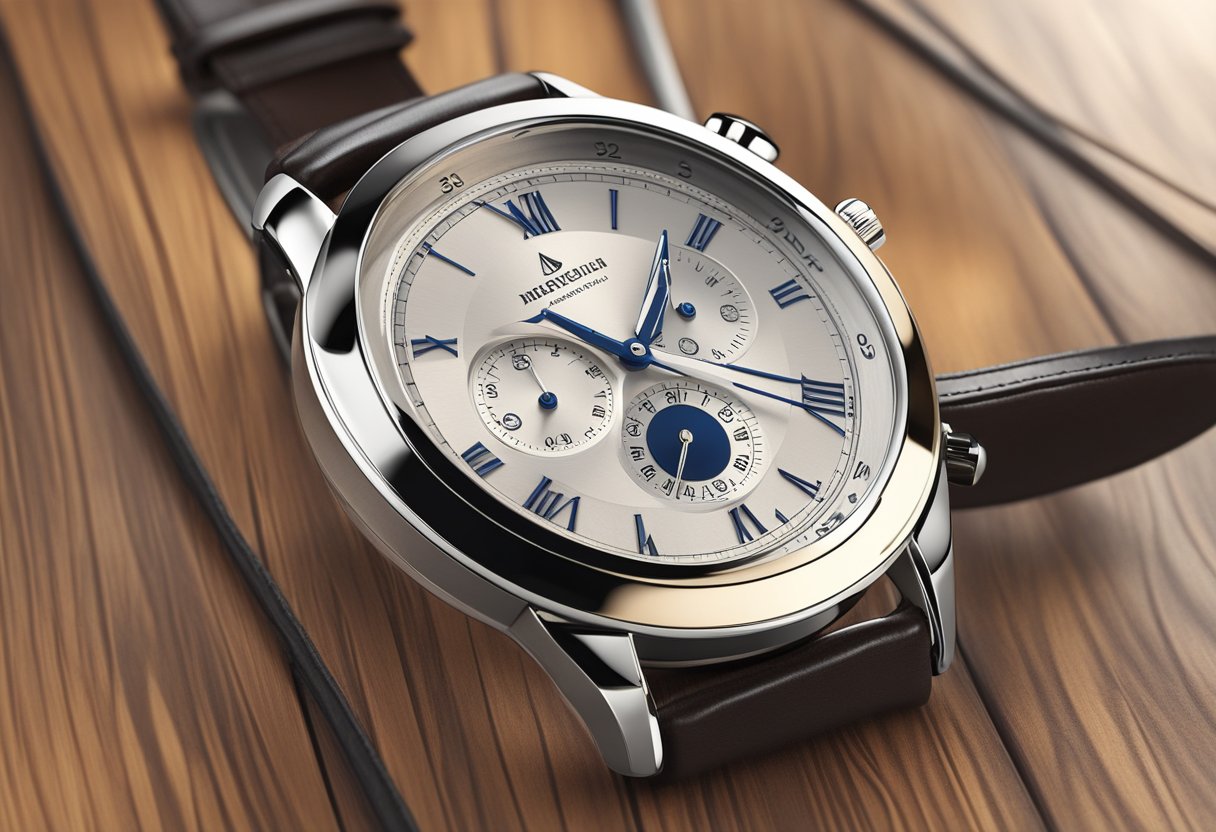 A sleek, modern watch with clean lines and minimalist details sits on a polished wooden surface, surrounded by luxurious leather straps and elegant metal clasps