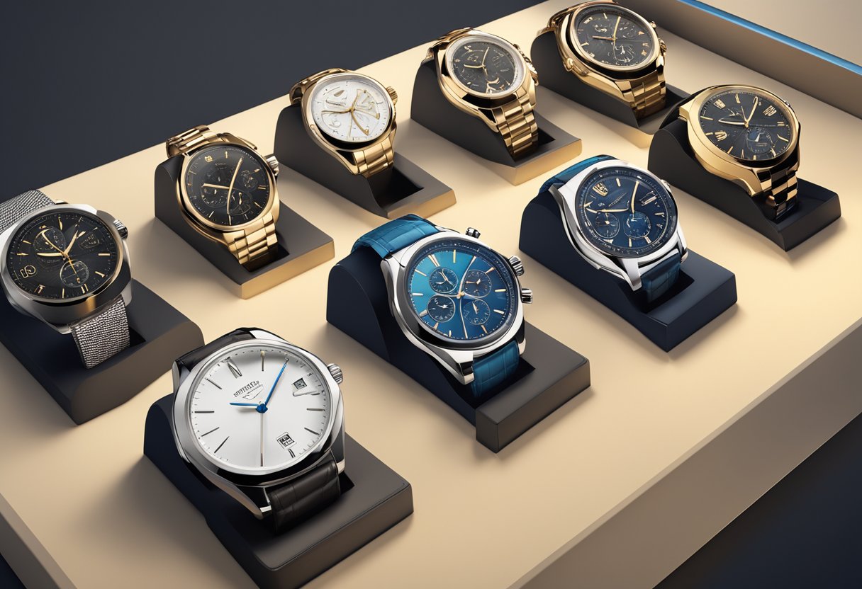 A collection of luxury watches displayed on a sleek, modern watch stand with soft lighting highlighting each unique timepiece