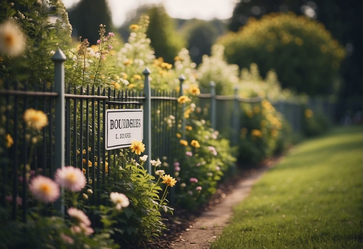 A serene garden with a fence and a "Boundaries" sign. Trees and flowers bloom inside the fence, while chaos and disorder are kept out