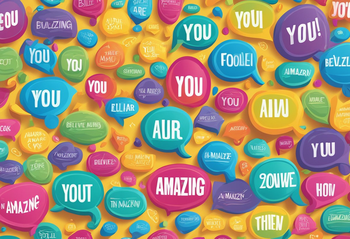 A colorful array of quote bubbles floating in the air, each one adorned with uplifting messages like "You are amazing" and "Believe in yourself."