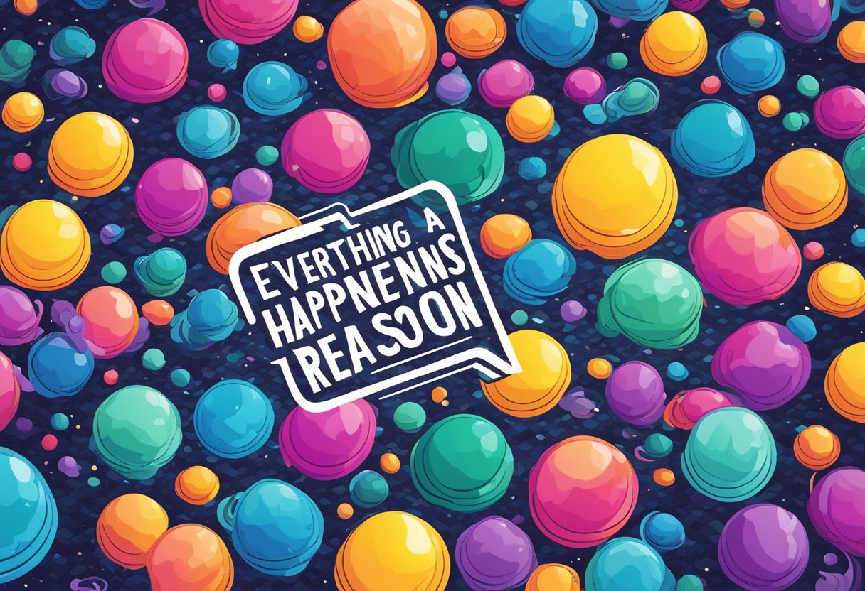 Colorful quote bubbles float amid swirling cosmic patterns. Each bubble contains a different "everything happens for a reason" quote