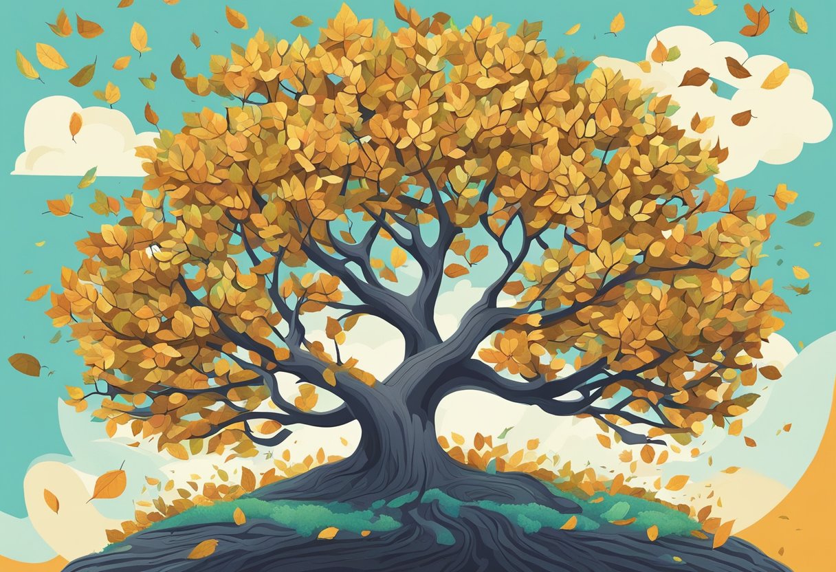 A tree with branches reaching towards the sky, surrounded by fallen leaves and a gentle breeze, symbolizing the quote "everything happens for a reason."