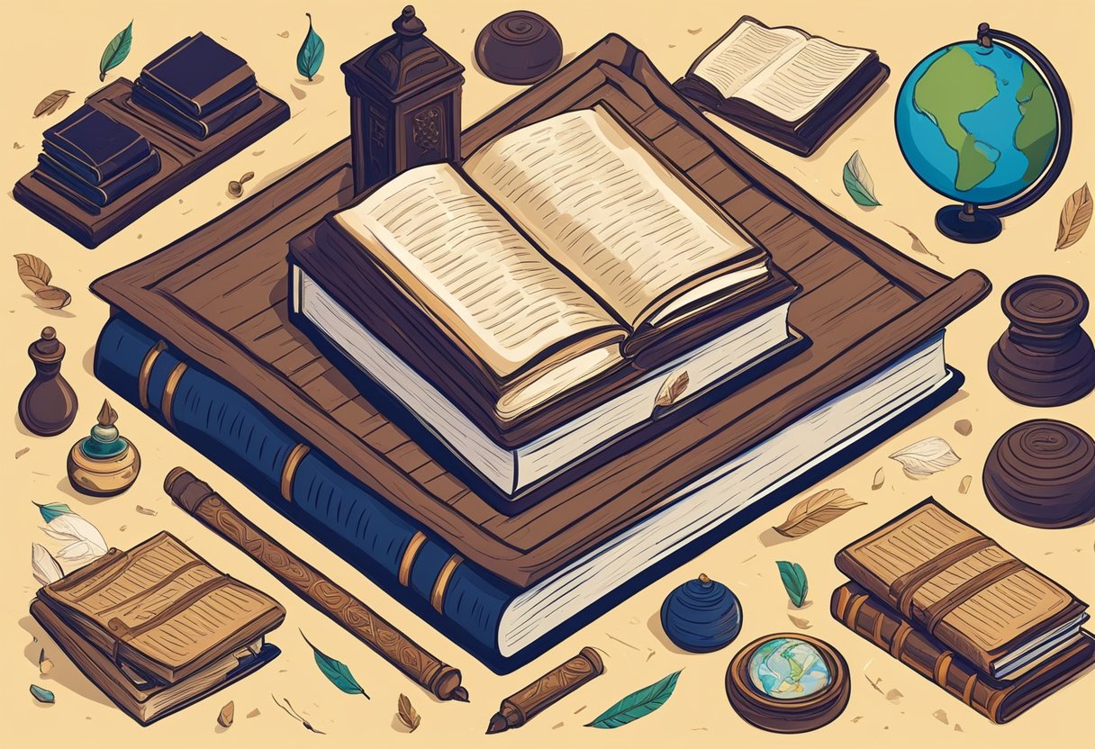 Books and scrolls scattered on a desk, with a quill pen and inkwell. A shelf filled with ancient tomes and a globe in the background