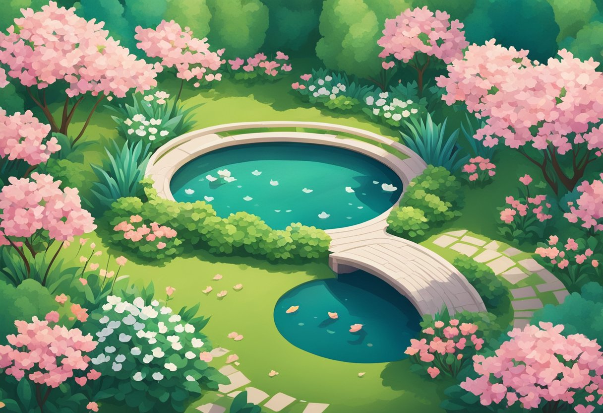 A serene garden with a tranquil pond, surrounded by lush greenery and blooming flowers. A soft breeze rustles the leaves as sunlight filters through the trees, creating a peaceful and calming atmosphere