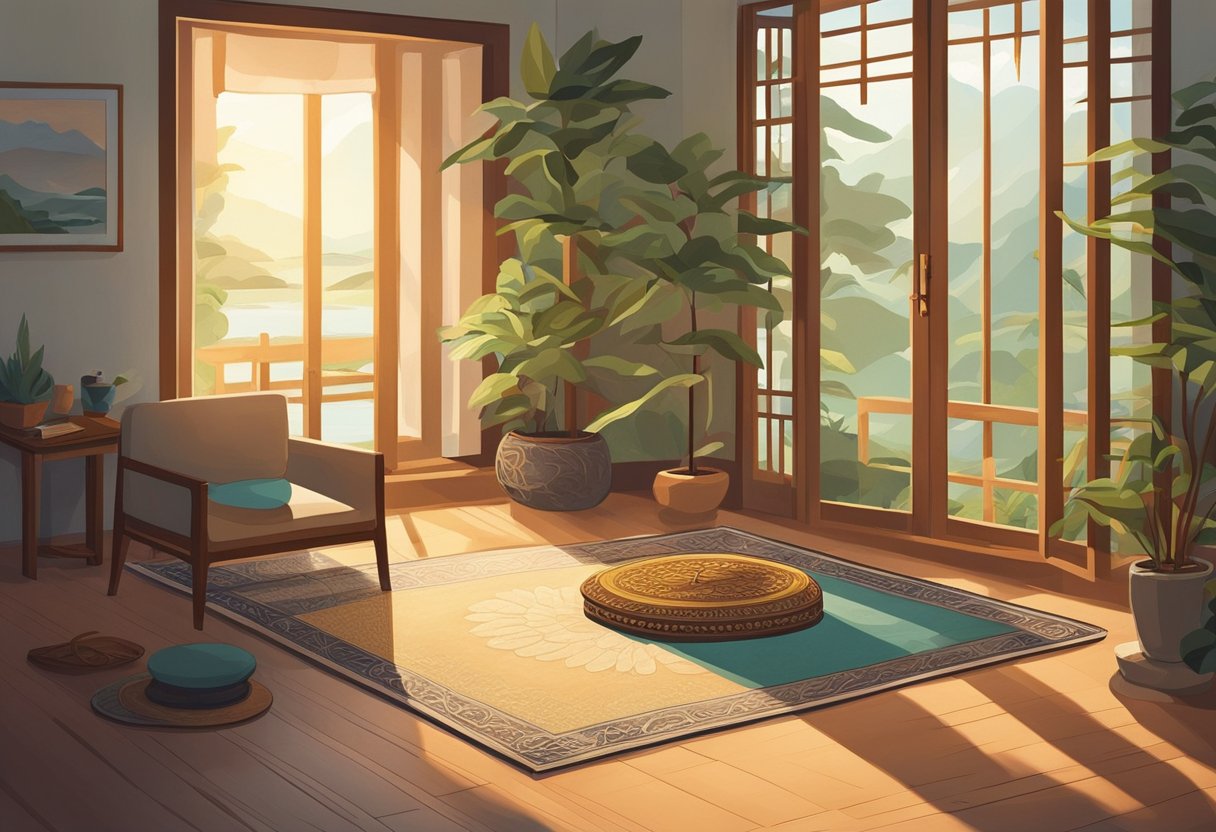 A serene setting with a cushioned mat, burning incense, and a soft glow of natural light filtering through a window. A peaceful atmosphere with a sense of tranquility and calmness