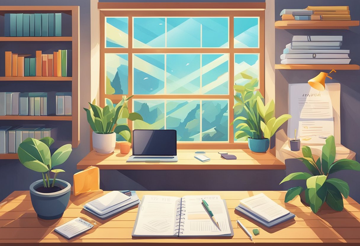 A desk with a notepad and pen, surrounded by motivational quotes on the wall. Sunlight streams in through the window, casting a warm glow over the workspace