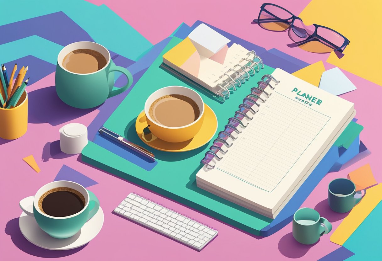 A desk with a neatly organized planner, a cup of coffee, and a stack of planning quotes printed on colorful paper