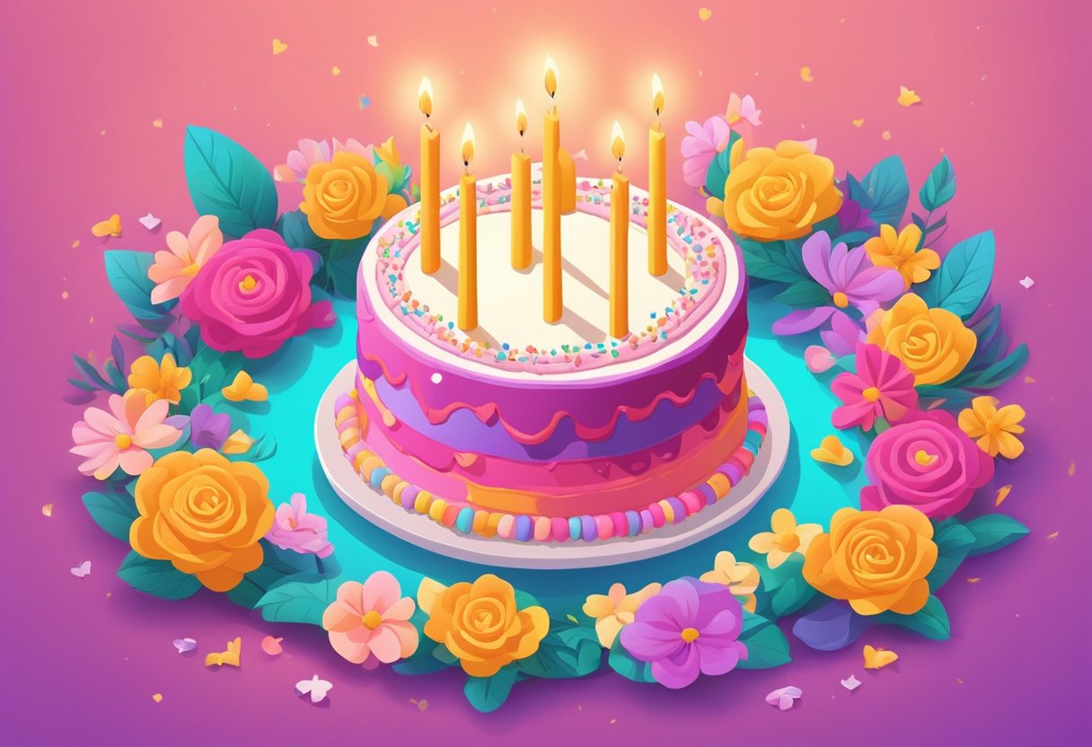 A colorful birthday cake with lit candles surrounded by flowers and love notes. A happy wife reading heartfelt birthday quotes