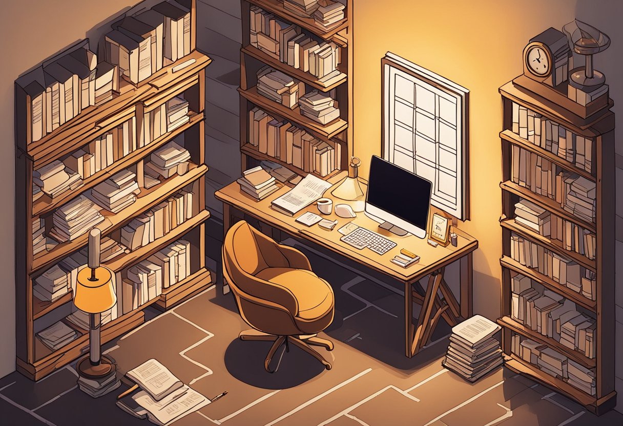 A table with scattered papers and pens, surrounded by shelves of books and a cozy armchair. A warm lamp illuminates the space, casting a soft glow on the handwritten quotes displayed on the wall