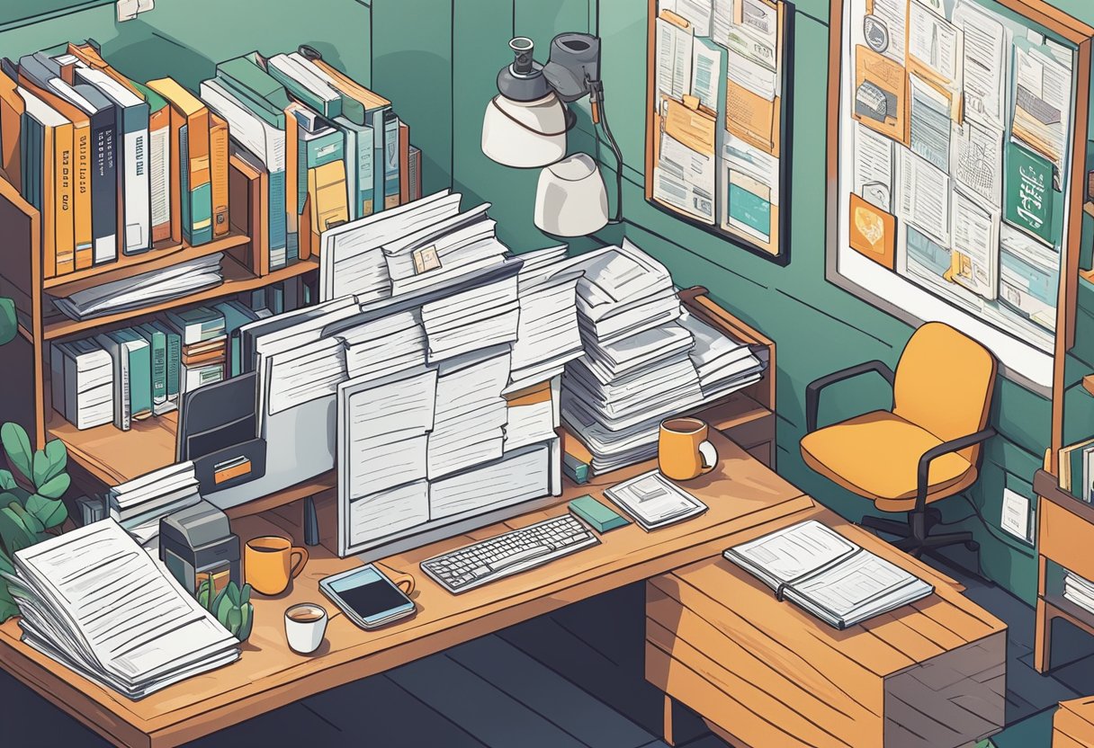 A desk cluttered with papers, a laptop, and a mug of coffee. A small storefront with a "We're Open" sign. A stack of business books and a motivational quote poster on the wall
