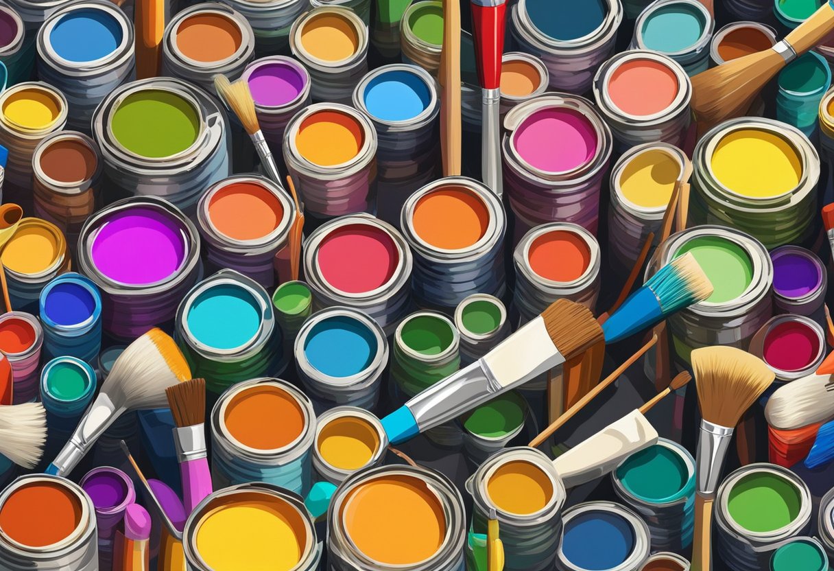 A colorful palette of paint tubes and brushes arranged on a wooden table, with natural light streaming in from a nearby window