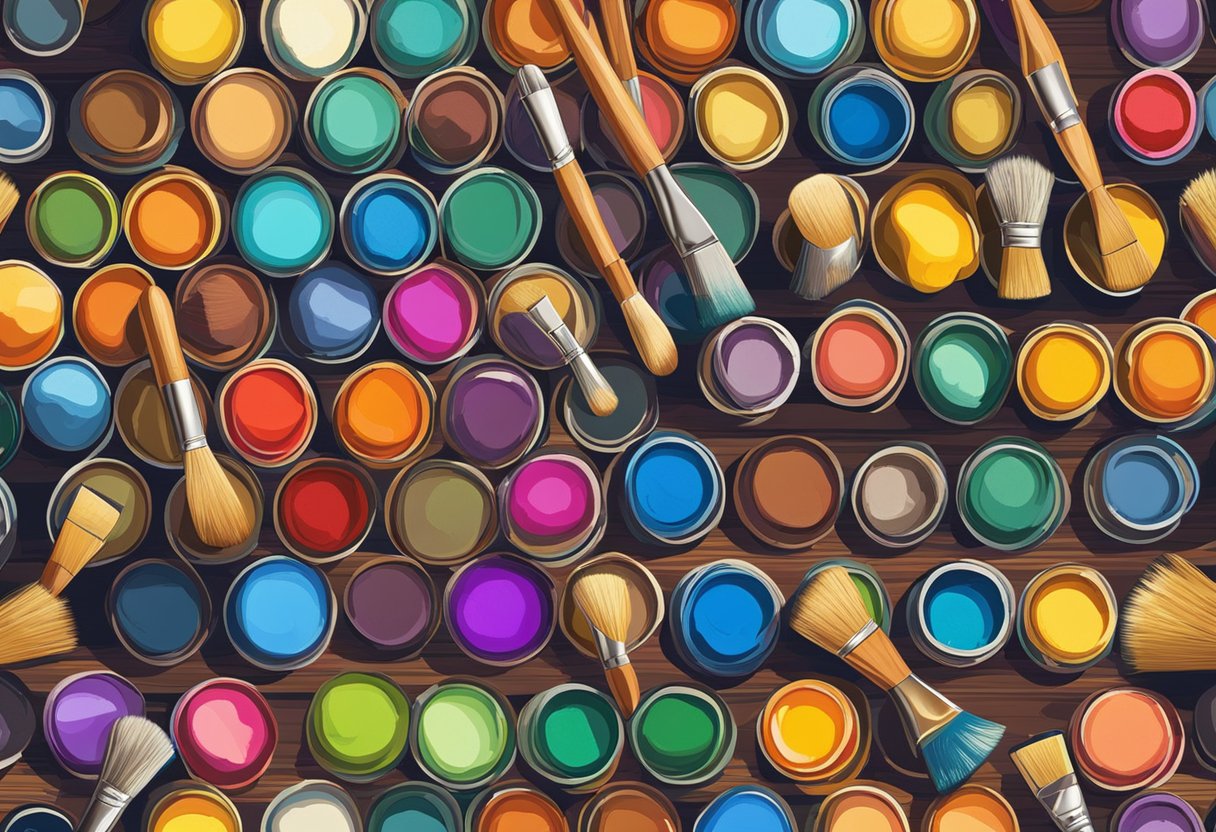 A colorful palette of paint tubes and brushes arranged on a wooden table, with natural light streaming in through a nearby window
