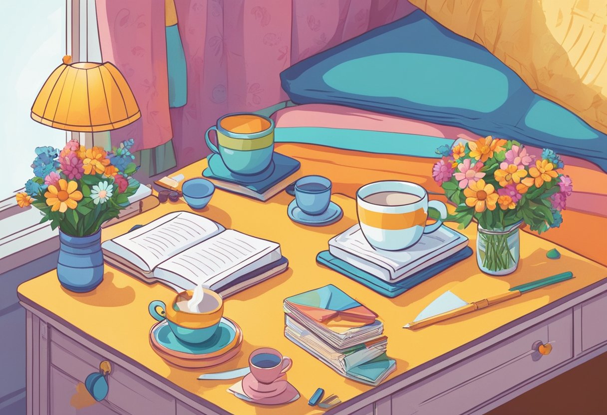 Colorful flowers and cheerful balloons surround a "Get Well Soon" card on a bedside table. A warm cup of tea and a cozy blanket complete the comforting scene