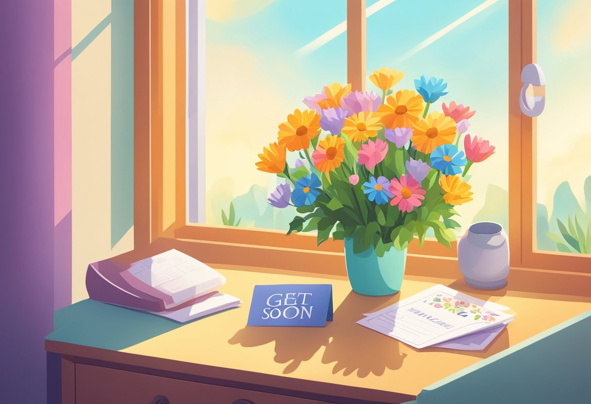 A colorful bouquet of flowers with a "Get Well Soon" card placed next to it on a bedside table. Sunlight streaming in through a window, casting a warm glow on the scene