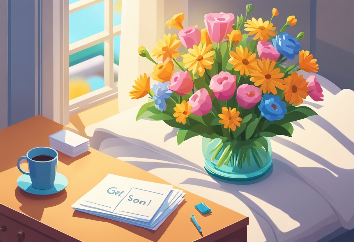 A colorful bouquet of flowers with a "get well soon" card placed on a bedside table. Sunlight streams through the window, casting a warm glow on the scene
