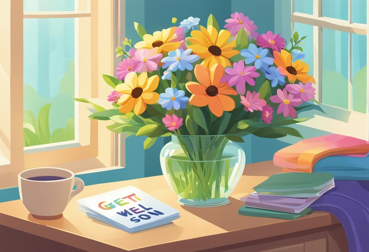 A bouquet of colorful flowers with a "get well soon" card on a bedside table. Sunlight streams through the window, casting a warm glow on the scene