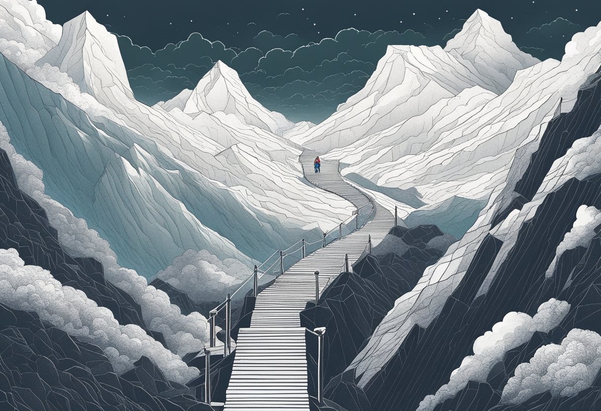 A mountain path with obstacles, a person climbing, and reaching the summit. A storm clearing, sunlight breaking through the clouds