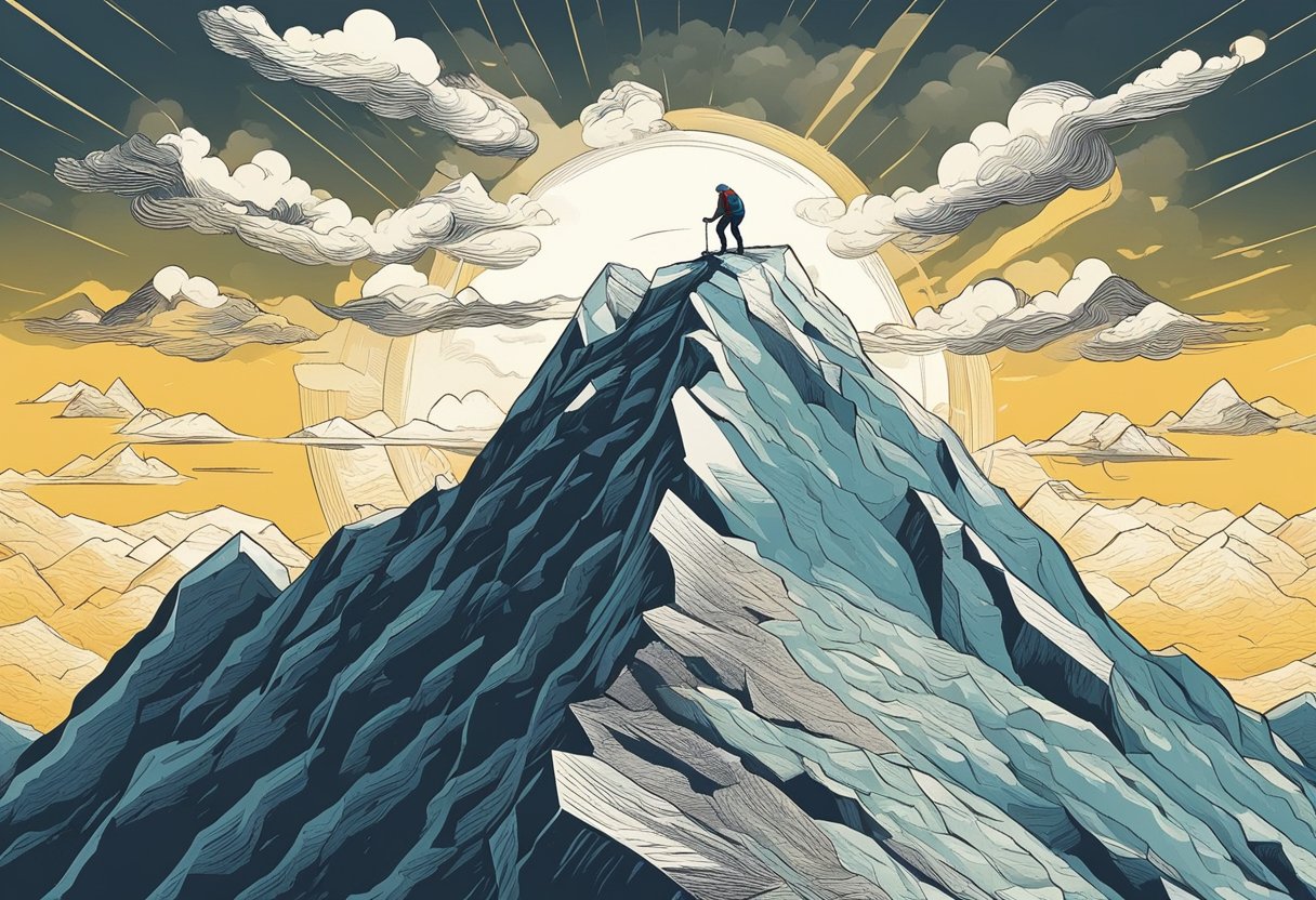 A mountain climber reaching the summit, facing a storm but not giving up. The sun breaks through the clouds, symbolizing overcoming challenges