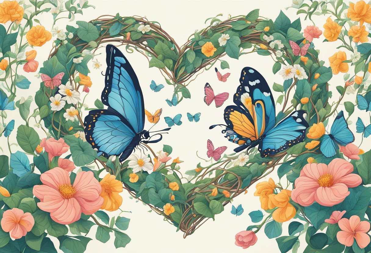 Two hearts intertwined in a tangle of vines, with blossoming flowers and fluttering butterflies surrounding them