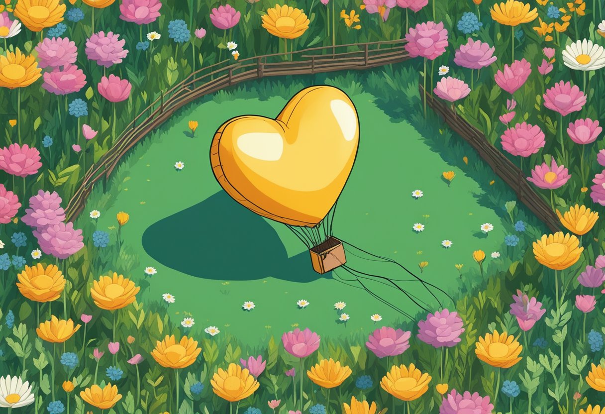 A heart-shaped balloon floating above a field of wildflowers, with a handwritten note tangled in the strings