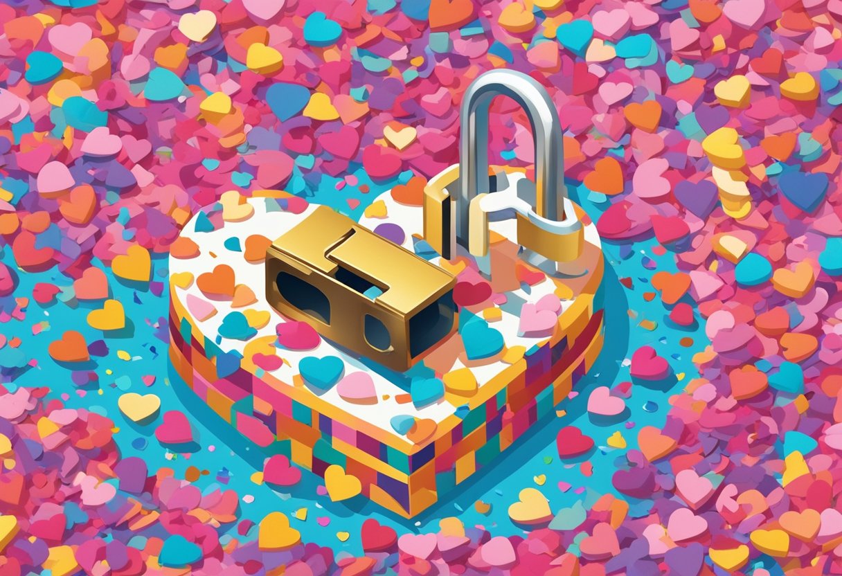 A heart-shaped lock and key floating in a sea of colorful confetti, symbolizing unexpected love