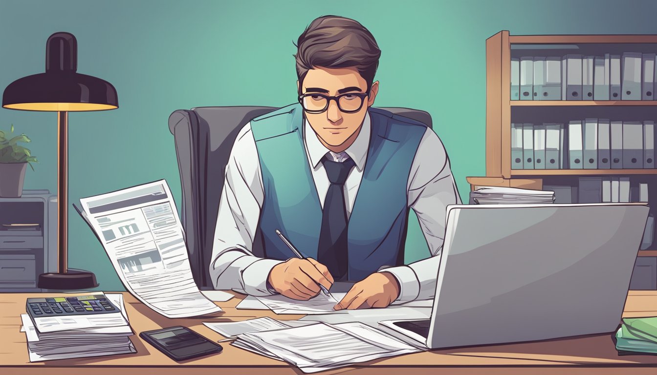 A person sitting at a desk, surrounded by financial documents and a calculator, with a determined expression while researching strategies to lower personal loan EMI