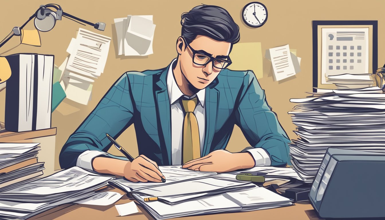 A person sitting at a desk, surrounded by papers and a calculator, with a worried expression while trying to figure out how to reduce their personal loan EMI