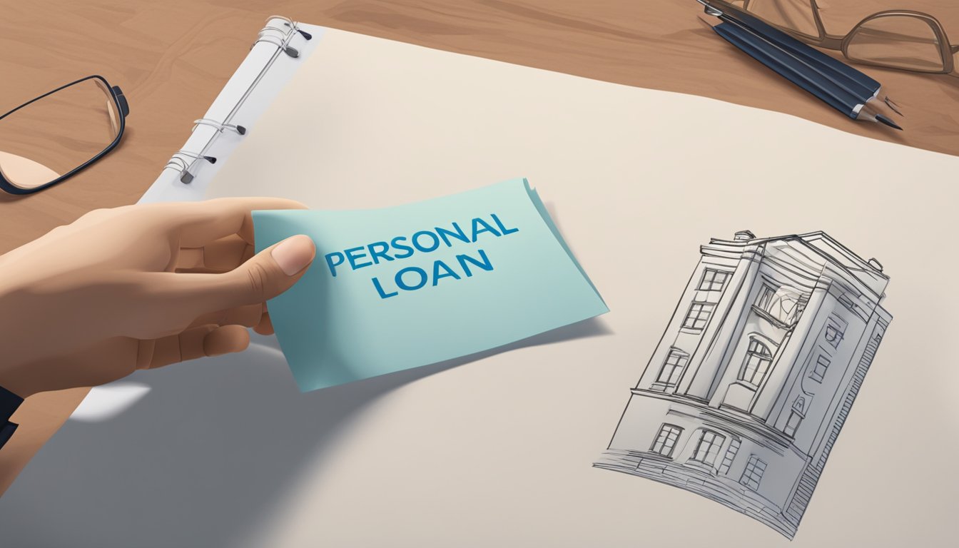 A person standing and waving a paper with "personal loan" written on it