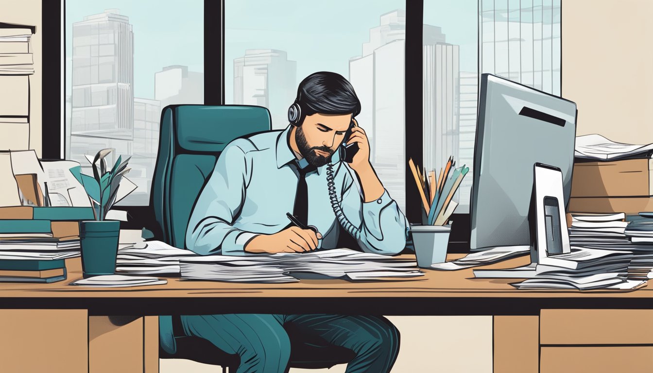 A person sitting at a desk, surrounded by paperwork, with a concerned expression while on the phone with a customer service representative