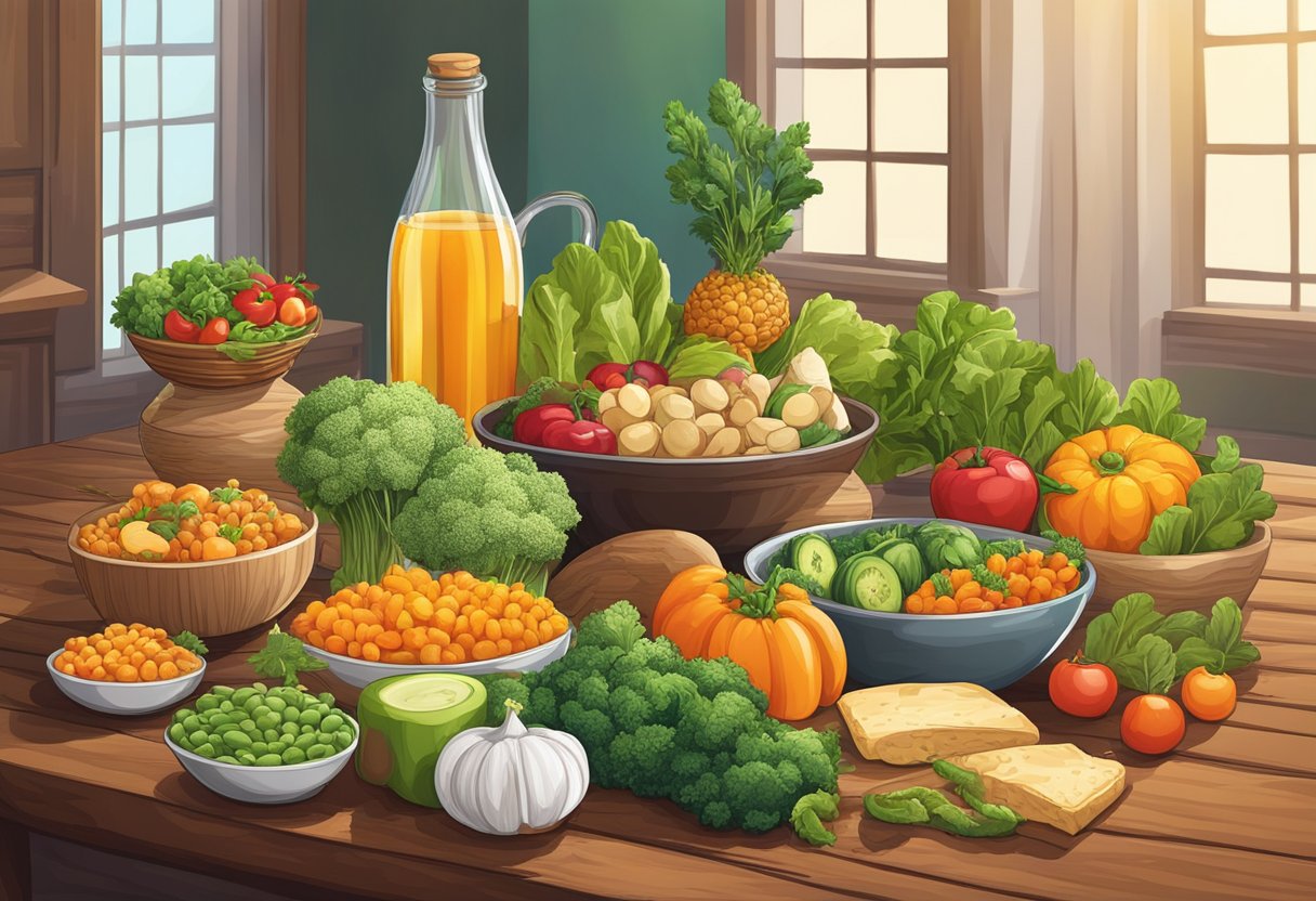 Assorted vegetarian products displayed on a wooden table with vibrant colors and diverse textures