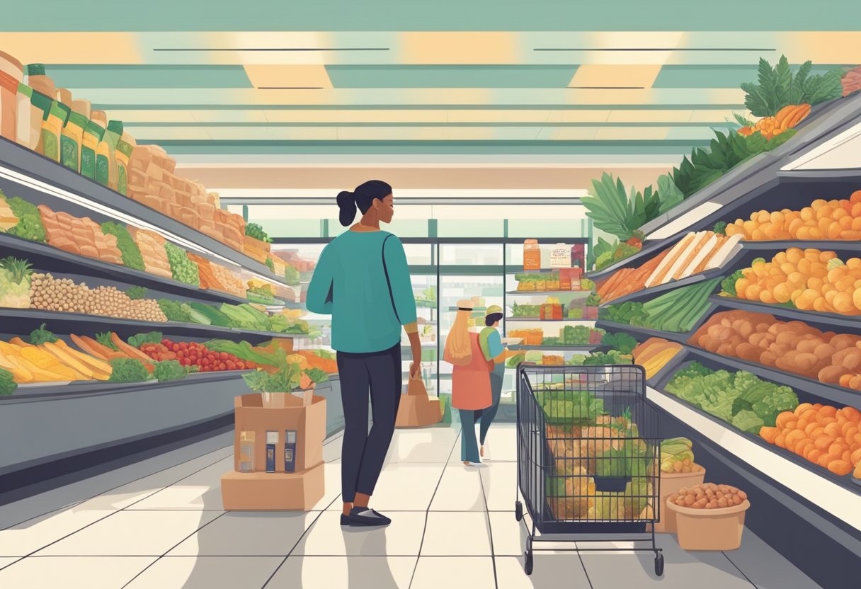 Customers browsing shelves of vegetarian products in a grocery store. Displayed items include plant-based meats, dairy alternatives, and organic produce