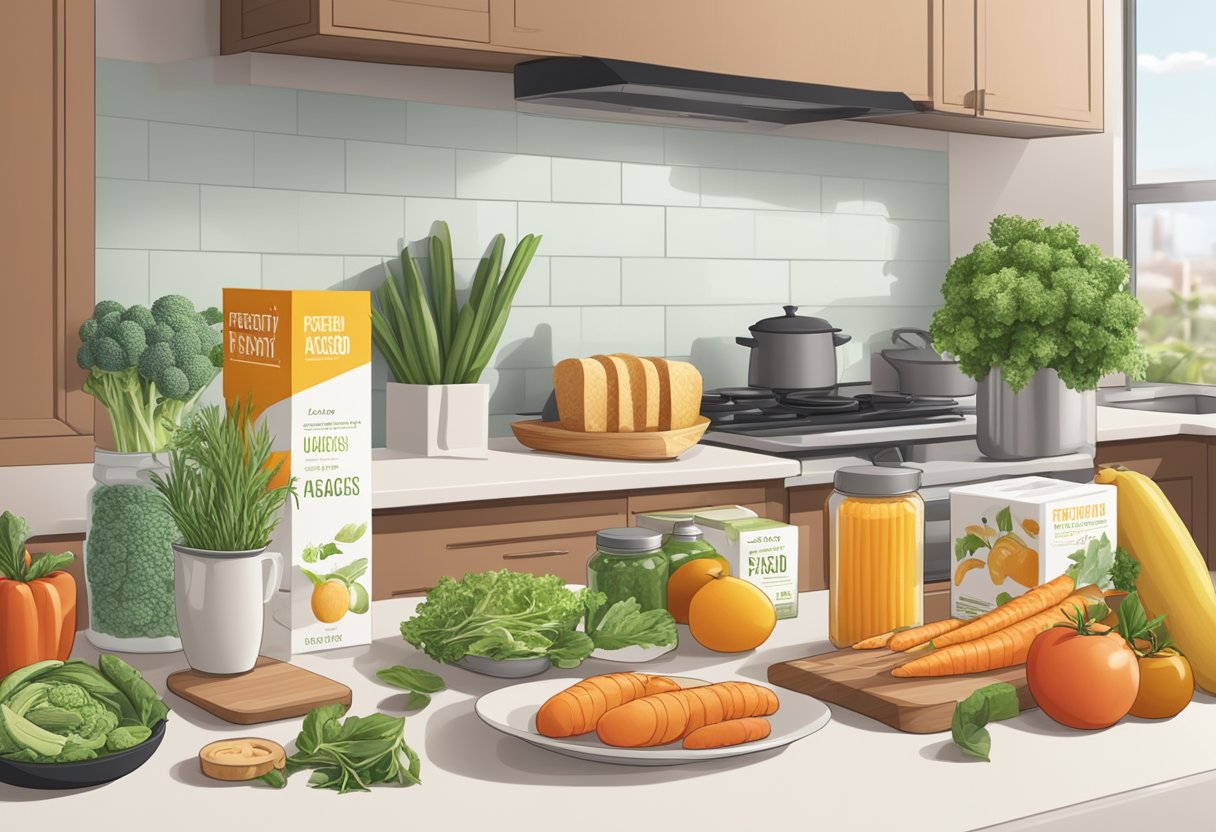 Assorted vegetarian products arranged on a clean, modern countertop with a "Frequently Asked Questions" banner in the background