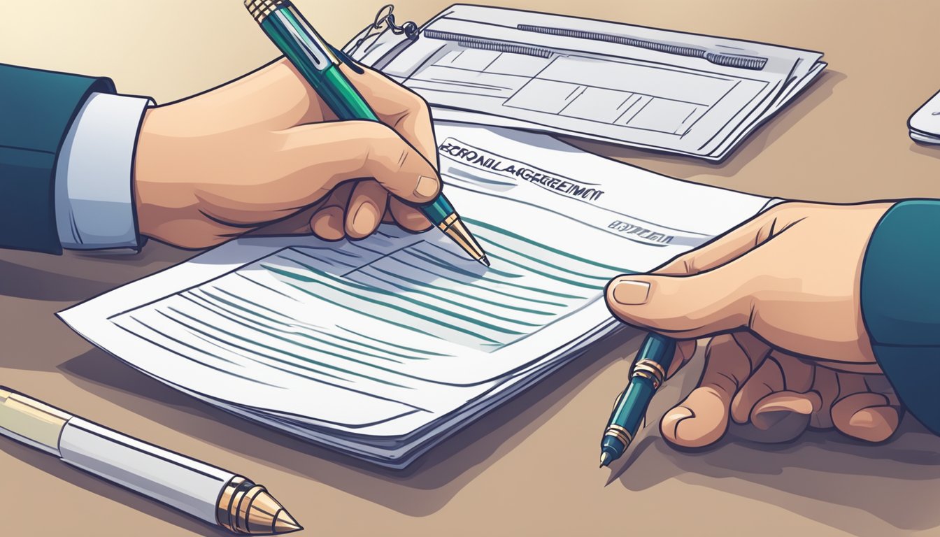 A hand holding a pen, signing a personal loan agreement form