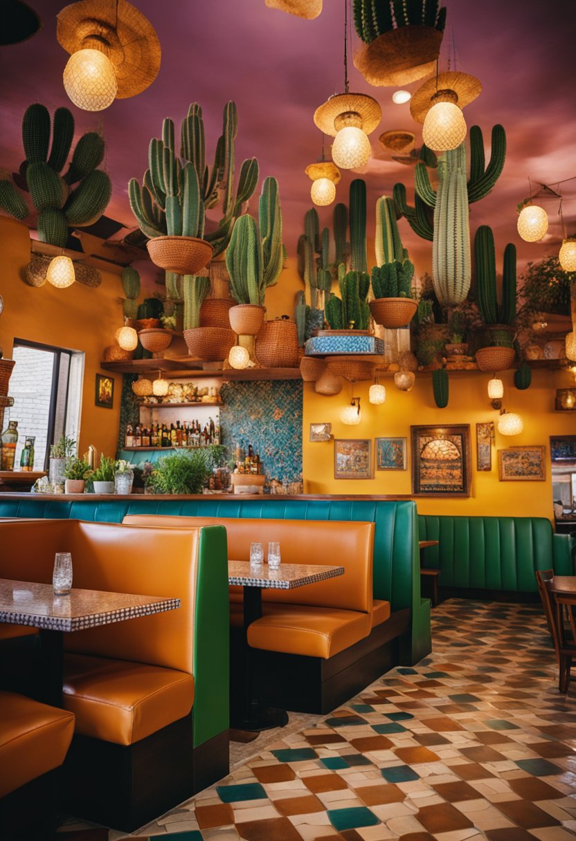 Colorful interior of Ninfa's Mexican Restaurant, with cacti decor, tiled floors, and vibrant Tex Mex dishes on the tables