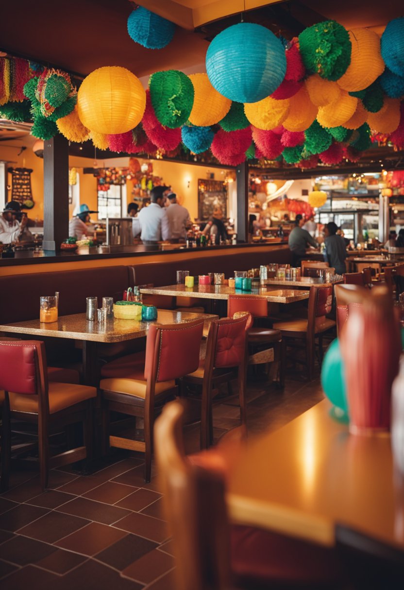 A bustling Tex-Mex restaurant with colorful decor, festive piñatas, and sizzling fajitas on every table. The aroma of spicy salsa and sizzling meats fills the air as patrons enjoy margaritas and lively music