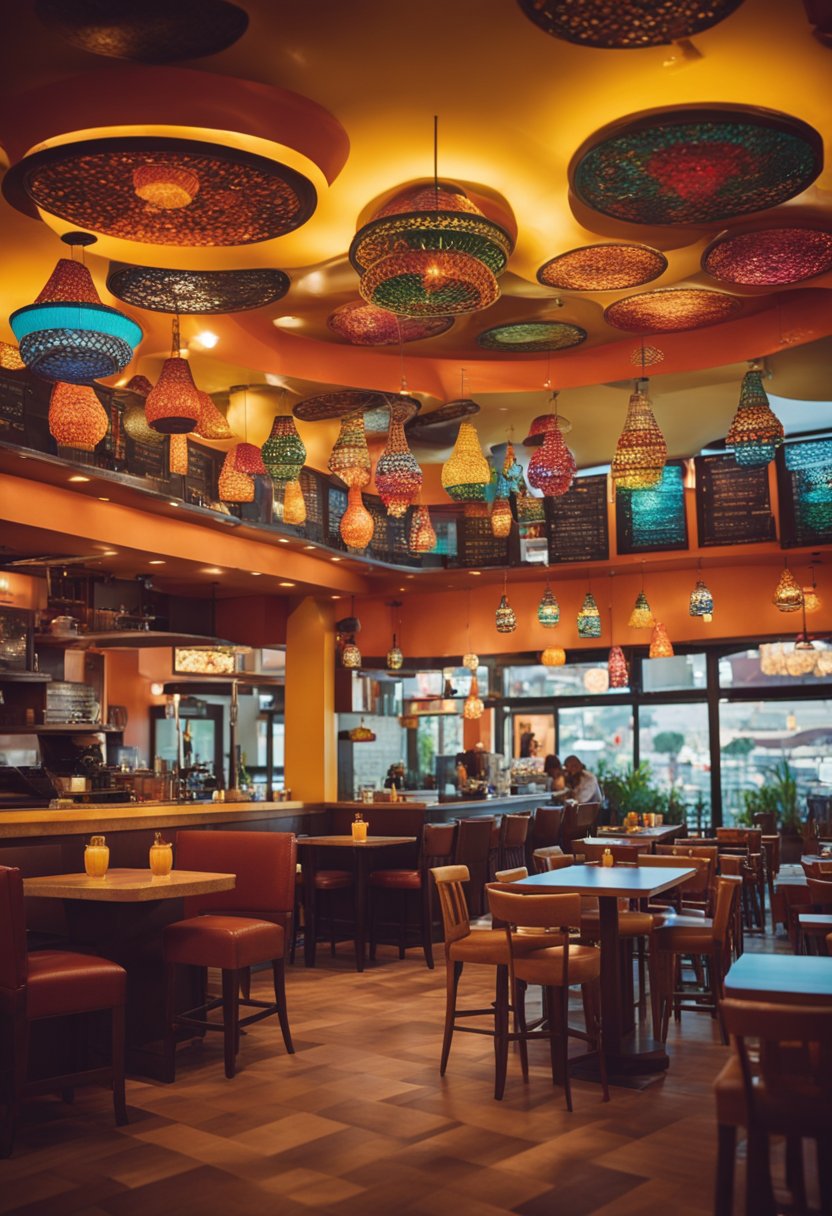 Colorful restaurant with vibrant decor, serving sizzling fajitas and spicy salsa. Patrons enjoy margaritas and live music in the lively atmosphere