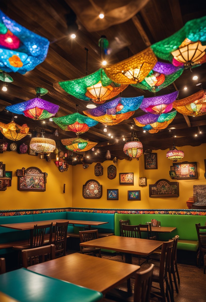 Colorful interior of Abuelita's Mexican Restaurant in Waco, with vibrant decor, festive lighting, and tables set with traditional dishes