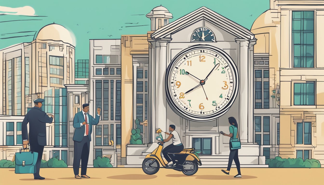 A clock showing 24 hours, a bank building, and a person receiving money