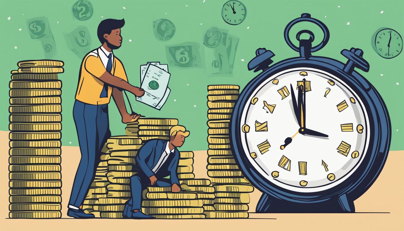 A clock showing 24 hours, a stack of money, and a person with a question mark above their head