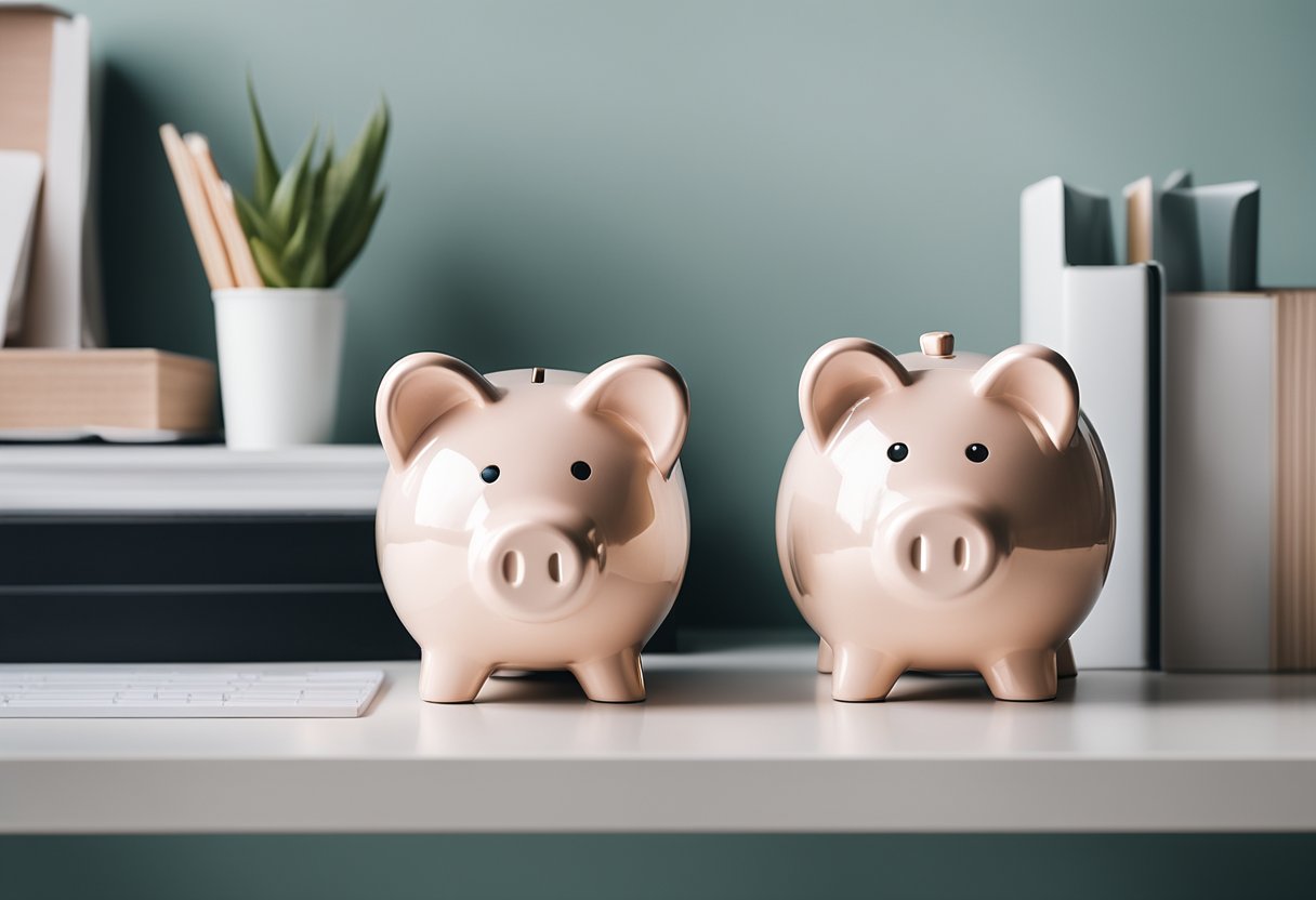 A simple, uncluttered room with a few essential items. A piggy bank sits on a shelf, and a small, tidy desk with a budget planner. A clear, unadorned space conveys the concept of minimalism and