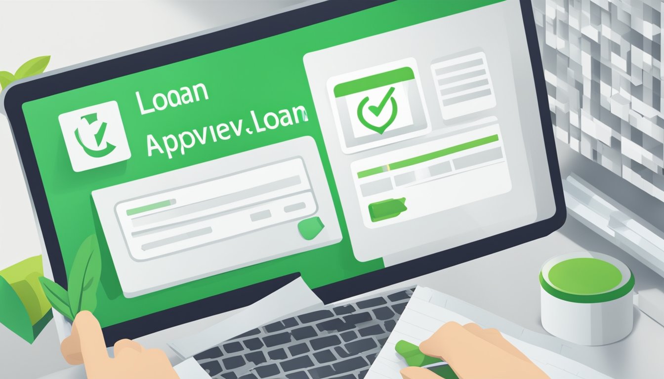 A computer screen displaying "personal loan instant approval" with a checkmark icon and a green "approved" message