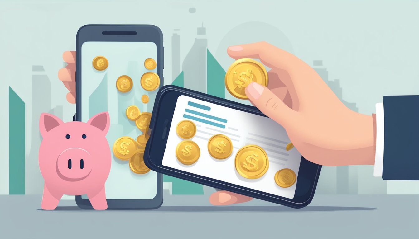 A hand holding a smartphone with a personal loan approval notification. A piggy bank and a stack of coins symbolizing financial security in the background