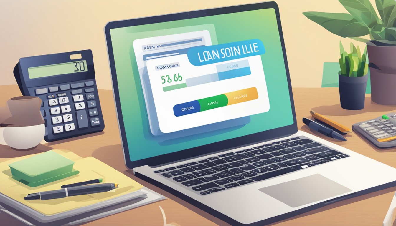 A laptop displaying "personal loan instant online" with a credit card and a calculator on a desk
