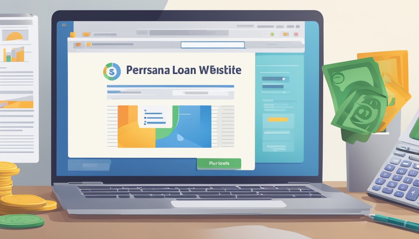 A laptop displaying a personal loan website with a "instant online" button highlighted, surrounded by financial documents and a calculator