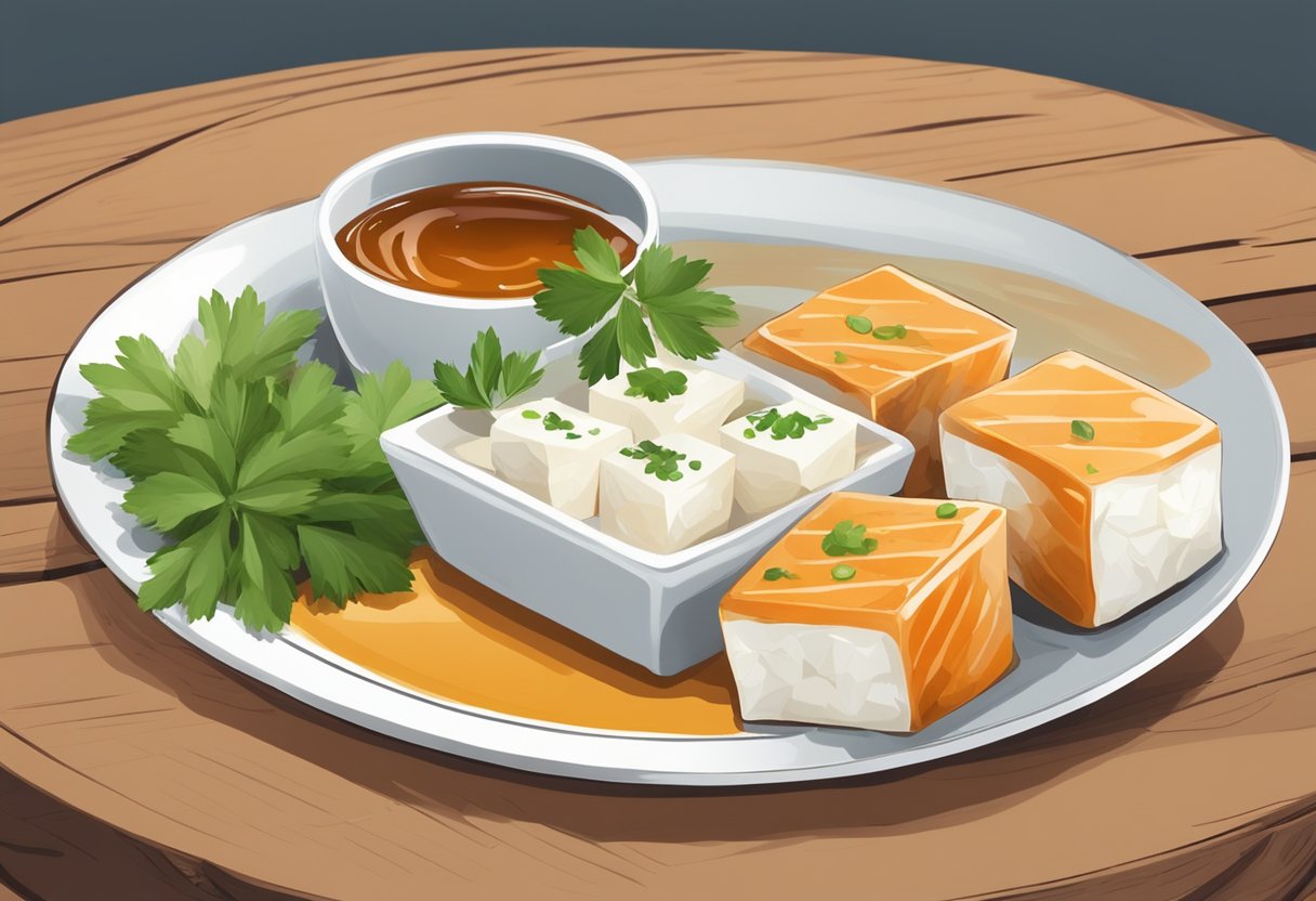 A plate of fish tofu on a wooden table with a side of dipping sauce and garnished with fresh herbs